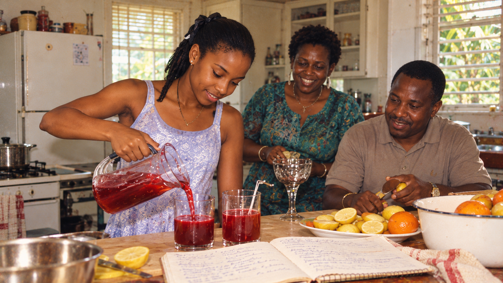 Family sharing homemade drinks in the kitchen, 1995